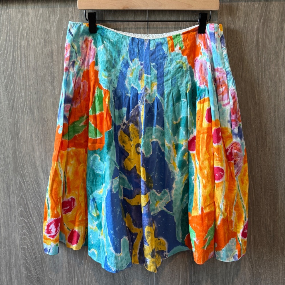 Lauren Ralph Lauren Skirt Womens 10 Multicolor Floral Watercolor Pleated Cotton